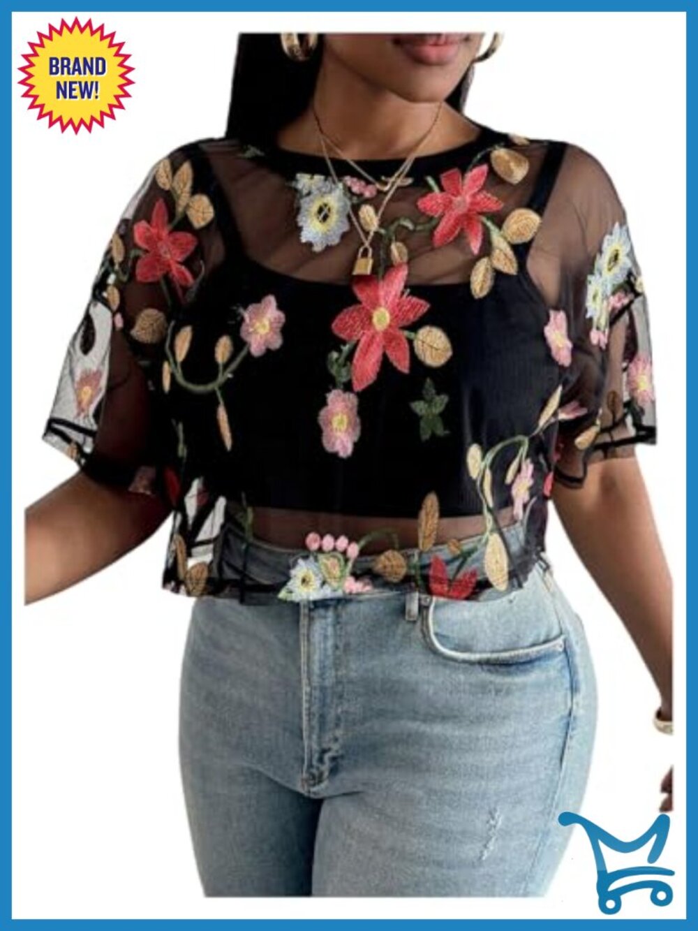 Plus Size Sheer Mesh Floral Embroidered Crop Top Short Sleeve Blouse